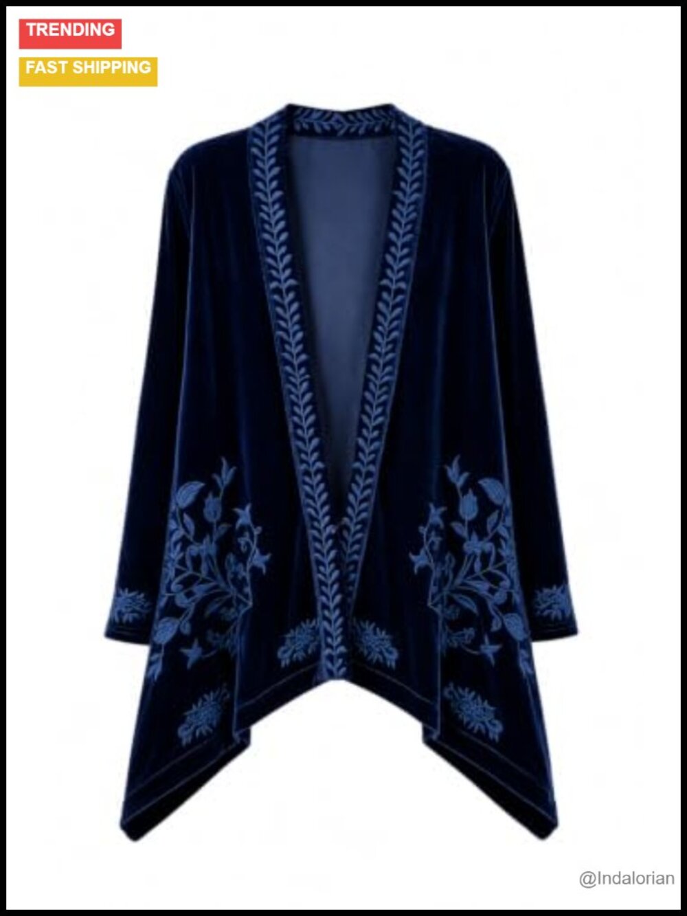 Velvet Embroidered Kimono Cardigan Open Front Duster
